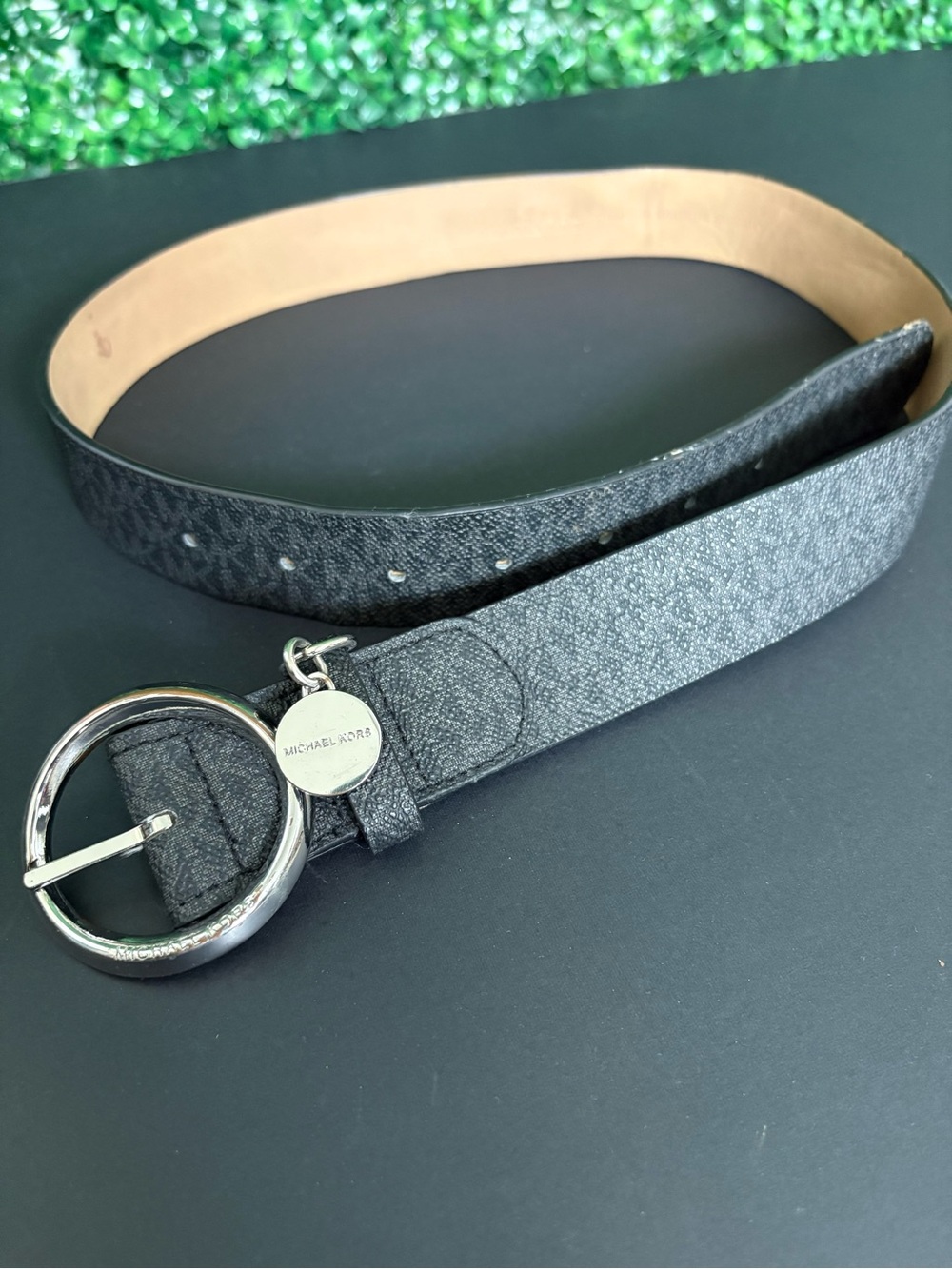 Michael Kors Gray Textured Leather Belt with Silver Circle Buckle